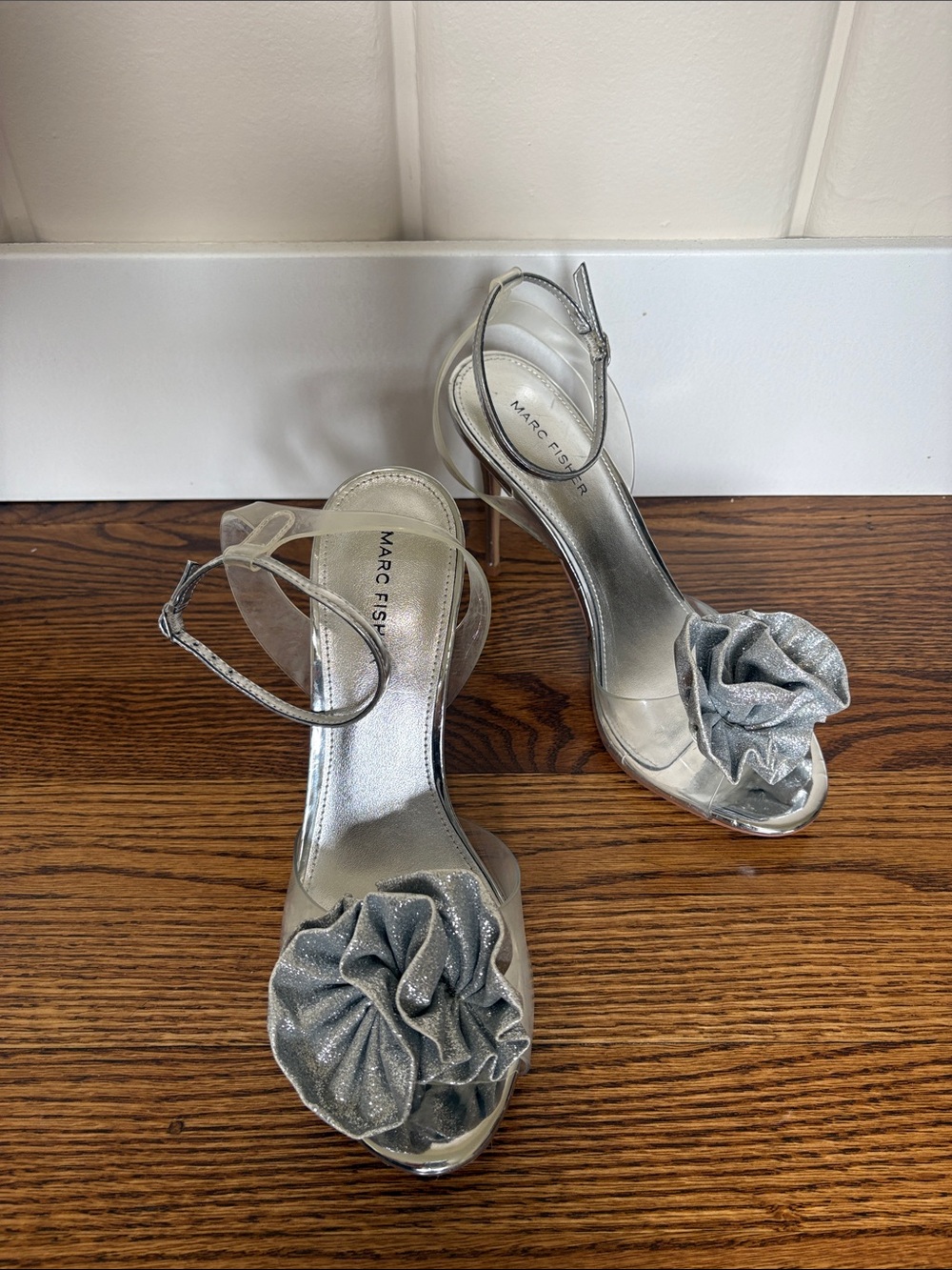 Marc Fisher Silver Ruffle-Flower Ankle-Strap Heels